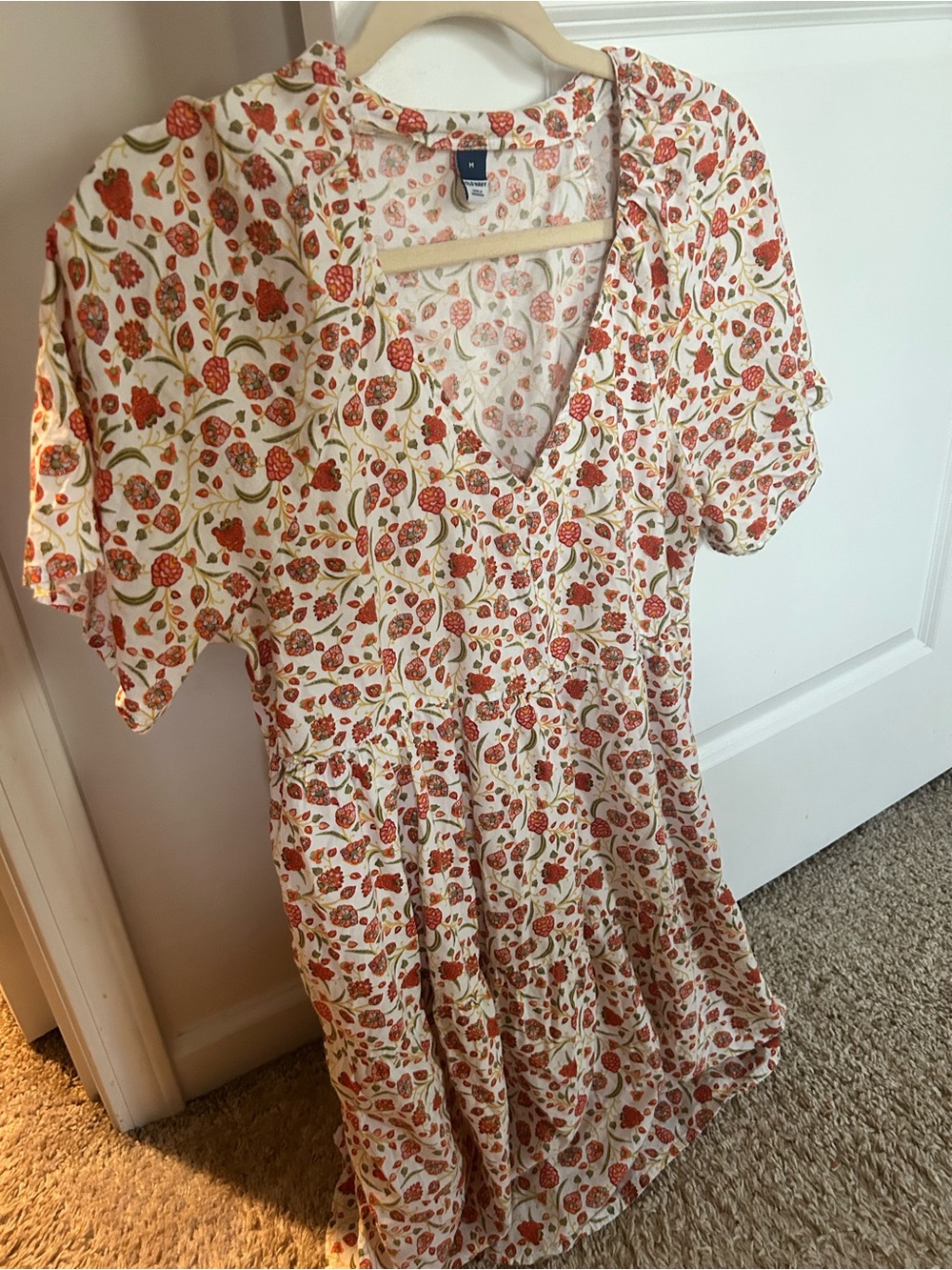 Floral Deep V-Neck Short Sleeve Summer Dress - Cream with Orange & Green Print